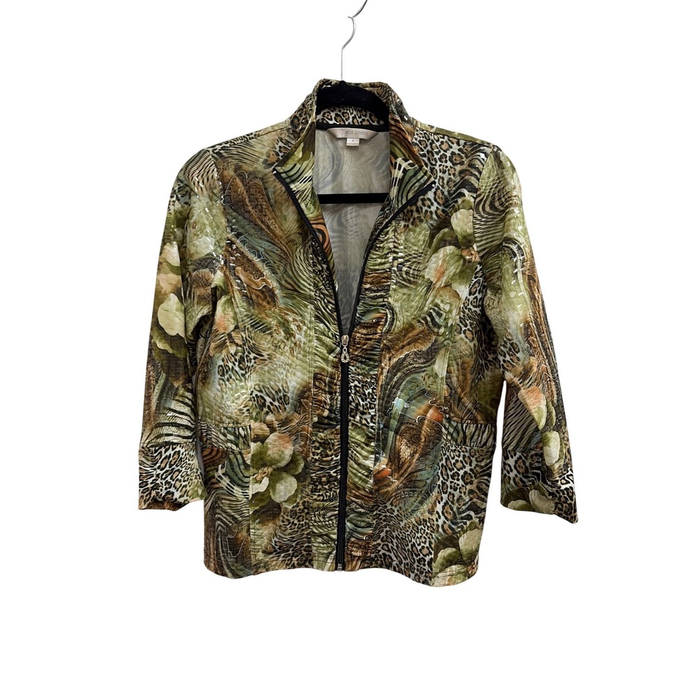 Erin London Womens Small Green Animal Floral Sequin Zip Up Jacket Lightweight‎